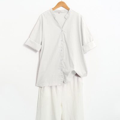 Buddha Stones Summer Casual Plain Breasted Notched Collar Short Sleeve Women's Cotton Linen Shirt - image 35
