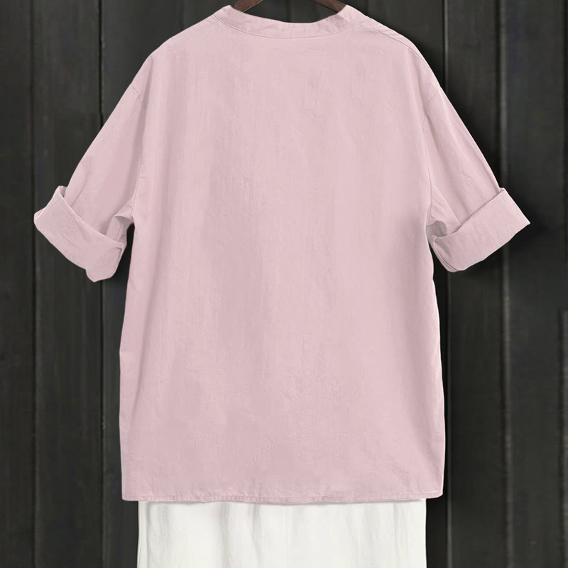 Buddha Stones Summer Casual Plain Breasted Notched Collar Short Sleeve Women's Cotton Linen Shirt - image 37