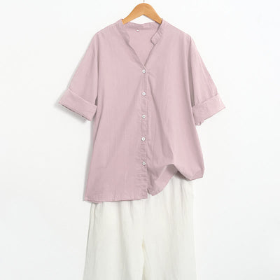 Buddha Stones Summer Casual Plain Breasted Notched Collar Short Sleeve Women's Cotton Linen Shirt - image 41