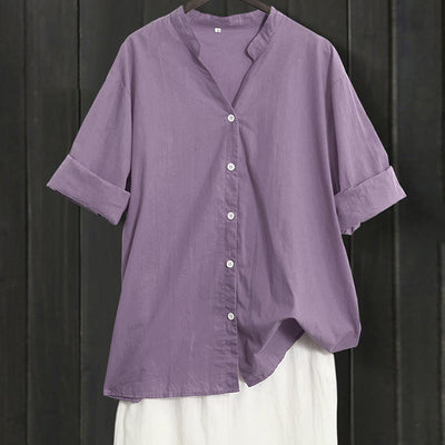 Buddha Stones Summer Casual Plain Breasted Notched Collar Short Sleeve Women's Cotton Linen Shirt - MediumOrchid - US20，UK/AU24，EU52 (5XL) - image 42