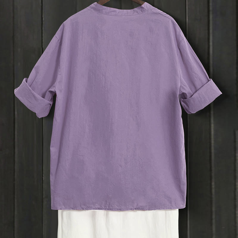 Buddha Stones Summer Casual Plain Breasted Notched Collar Short Sleeve Women's Cotton Linen Shirt - image 43