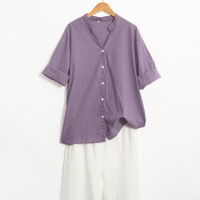 Buddha Stones Summer Casual Plain Breasted Notched Collar Short Sleeve Women's Cotton Linen Shirt - image 47