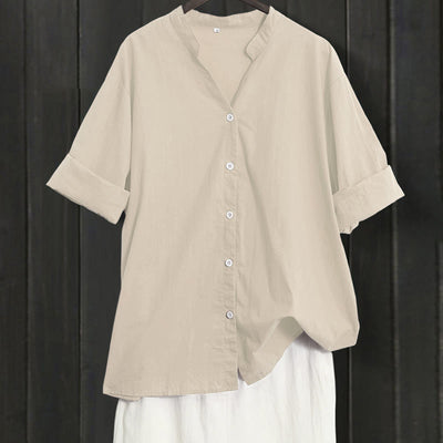 Buddha Stones Summer Casual Plain Breasted Notched Collar Short Sleeve Women's Cotton Linen Shirt - LightGoldenrodYellow - US20，UK/AU24，EU52 (5XL) - image 48