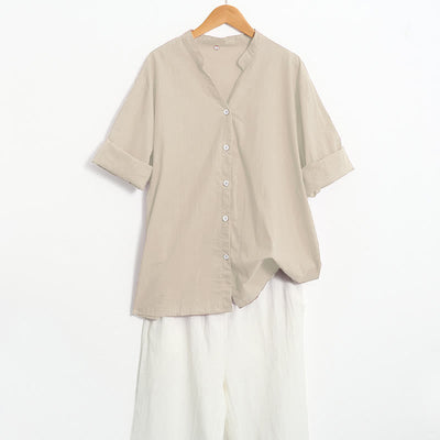 Buddha Stones Summer Casual Plain Breasted Notched Collar Short Sleeve Women's Cotton Linen Shirt - image 53
