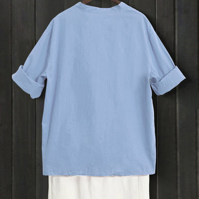 Buddha Stones Summer Casual Plain Breasted Notched Collar Short Sleeve Women's Cotton Linen Shirt - image 61