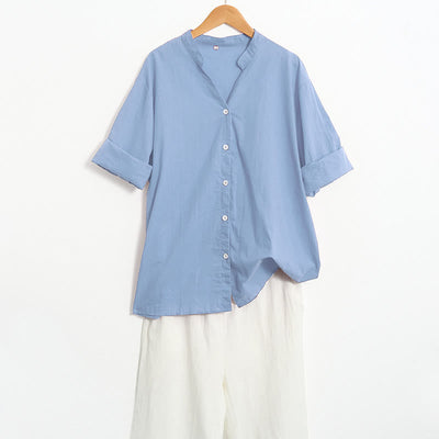 Buddha Stones Summer Casual Plain Breasted Notched Collar Short Sleeve Women's Cotton Linen Shirt - image 65