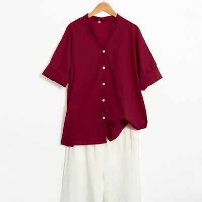 Buddha Stones Summer Casual Plain Breasted Notched Collar Short Sleeve Women's Cotton Linen Shirt - image 71