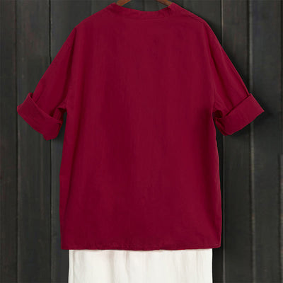 Buddha Stones Summer Casual Plain Breasted Notched Collar Short Sleeve Women's Cotton Linen Shirt - image 67