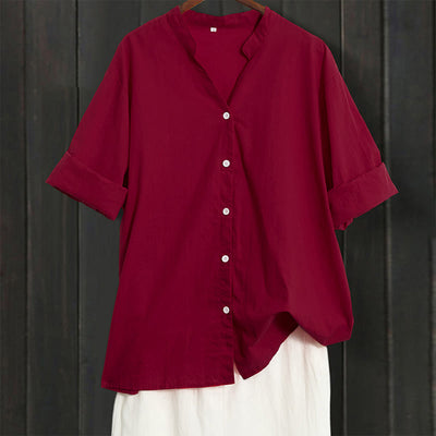 Buddha Stones Summer Casual Plain Breasted Notched Collar Short Sleeve Women's Cotton Linen Shirt - IndianRed - US20，UK/AU24，EU52 (5XL) - image 66