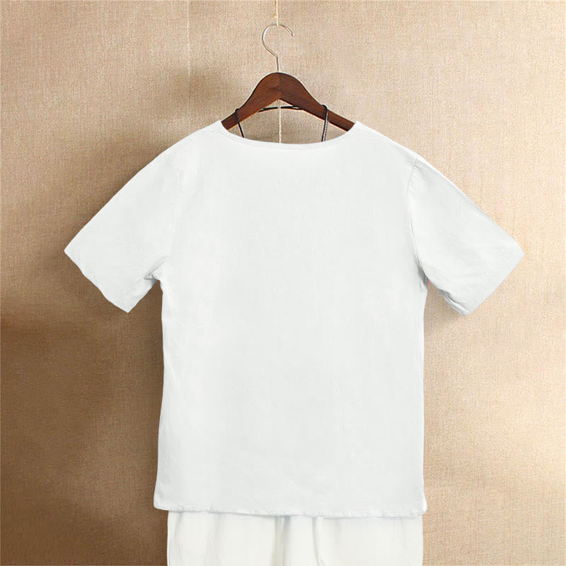 T-shirt décontracté à manches courtes pour femme Foviel, col rond, boutons et jacquard couleur unie, été