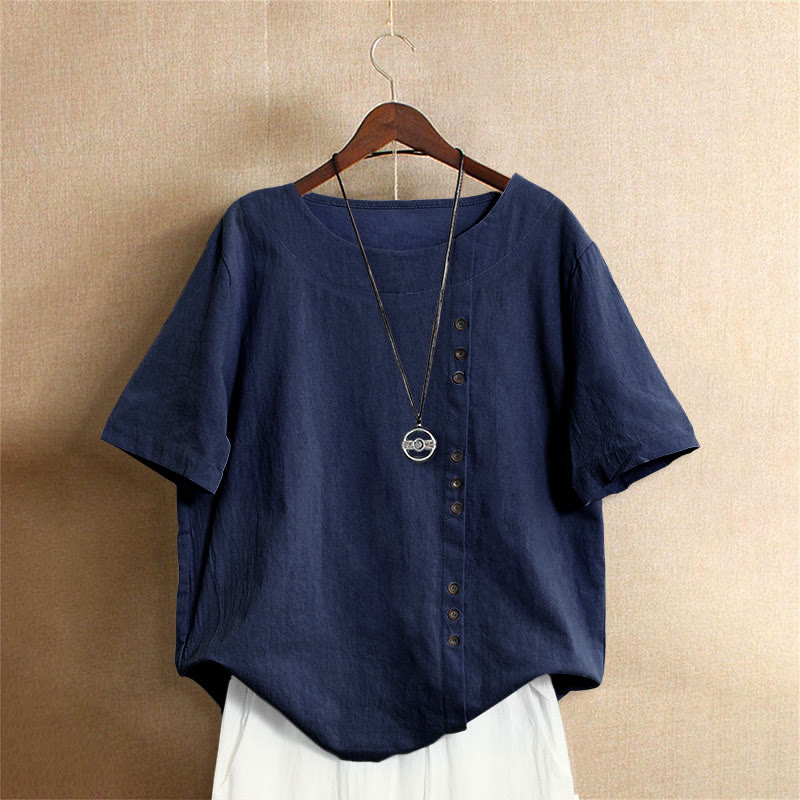 T-shirt décontracté à manches courtes pour femme Foviel, col rond, boutons et jacquard couleur unie, été