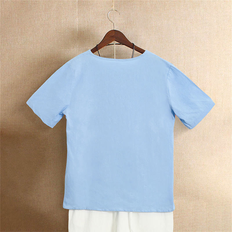 T-shirt décontracté à manches courtes pour femme Foviel, col rond, boutons et jacquard couleur unie, été