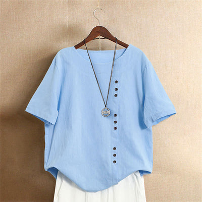T-shirt décontracté à manches courtes pour femme Foviel, col rond, boutons et jacquard couleur unie, été