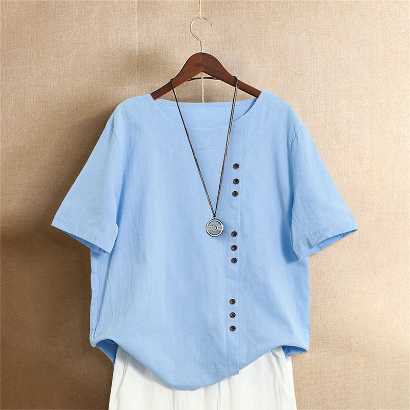 T-shirt décontracté à manches courtes pour femme Foviel, col rond, boutons et jacquard couleur unie, été