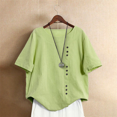 T-shirt décontracté à manches courtes pour femme Foviel, col rond, boutons et jacquard couleur unie, été