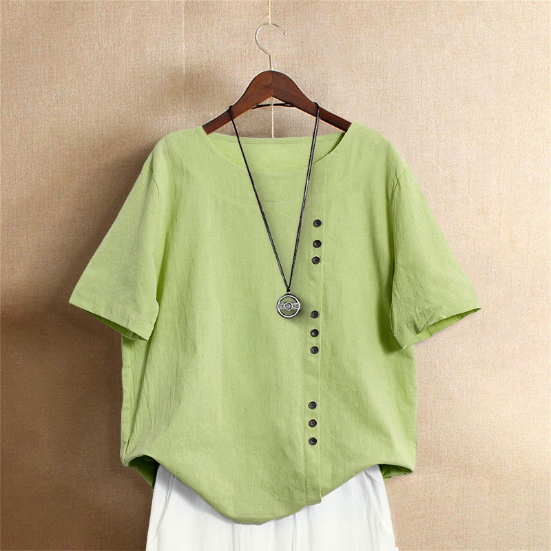 T-shirt décontracté à manches courtes pour femme Foviel, col rond, boutons et jacquard couleur unie, été