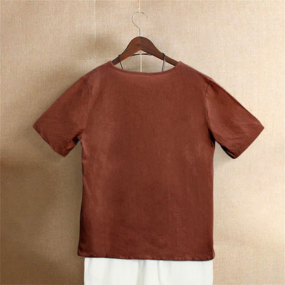 T-shirt décontracté à manches courtes pour femme Foviel, col rond, boutons et jacquard couleur unie, été
