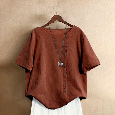 T-shirt décontracté à manches courtes pour femme Foviel, col rond, boutons et jacquard couleur unie, été