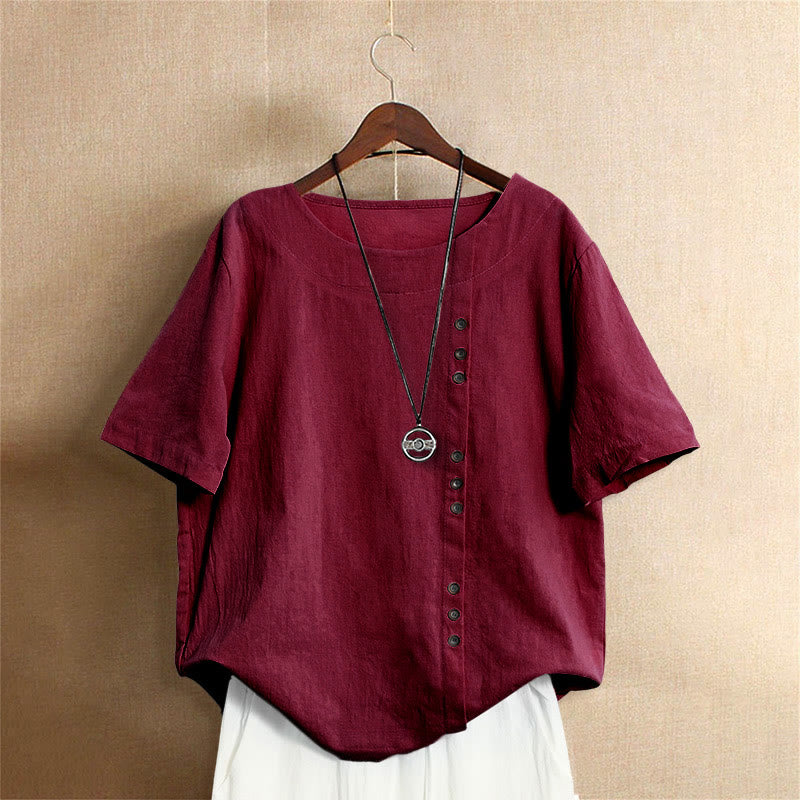 T-shirt décontracté à manches courtes pour femme Foviel, col rond, boutons et jacquard couleur unie, été
