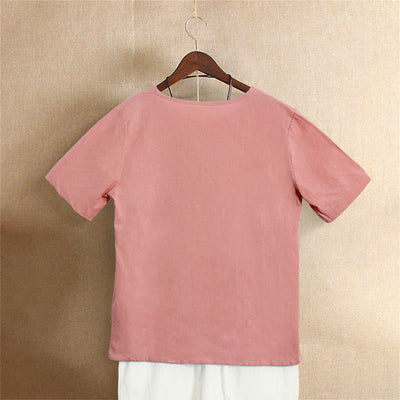 T-shirt décontracté à manches courtes pour femme Foviel, col rond, boutons et jacquard couleur unie, été