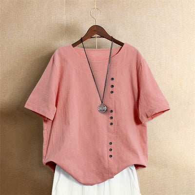 T-shirt décontracté à manches courtes pour femme Foviel, col rond, boutons et jacquard couleur unie, été