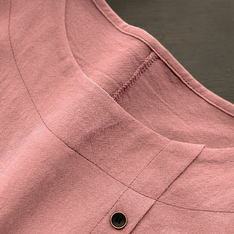 T-shirt décontracté à manches courtes pour femme Foviel, col rond, boutons et jacquard couleur unie, été