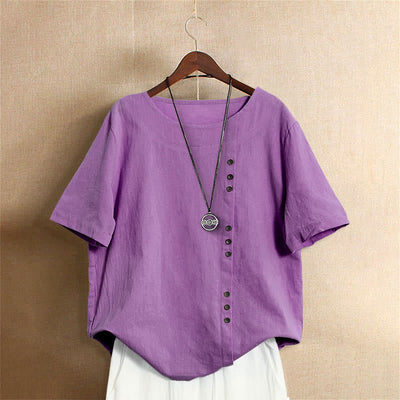 T-shirt décontracté à manches courtes pour femme Foviel, col rond, boutons et jacquard couleur unie, été