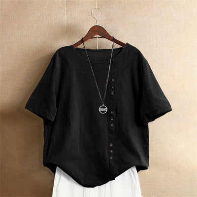 T-shirt décontracté à manches courtes pour femme Foviel, col rond, boutons et jacquard couleur unie, été