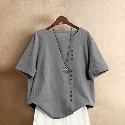 T-shirt décontracté à manches courtes pour femme Foviel, col rond, boutons et jacquard couleur unie, été