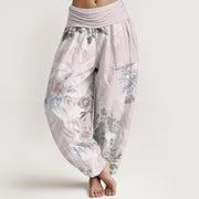 Foviel Pure Cotton Flowers White Leaves Women's Elastic Waist Harem Pants
