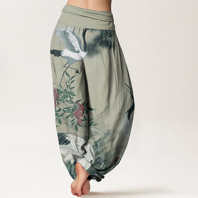 Buddha Stones Pure Cotton Casual Red-crowned Crane Pine Tree Mountain Women's Elastic Waist Harem Pants - image 6