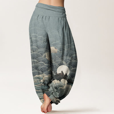 Buddha Stones Pure Cotton Casual Wave Moon Mountain Pattern Women's Elastic Waist Harem Pants - image 6