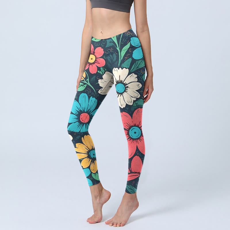 Buddha Stones Colorful Flower Pattern Print Gym Leggings Women's Yoga Pants - Black - US18，UK/AU22，EU50 (4XL) - image 1