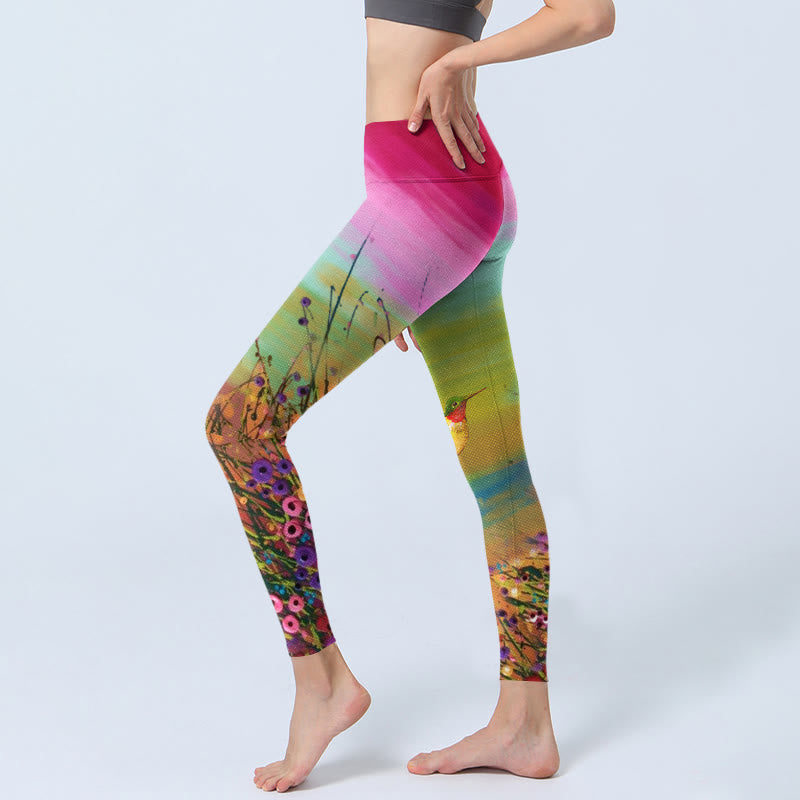 Buddha Stones Blooming Flower Bird Pattern Print Gym Leggings Women's Yoga Pants - image 3
