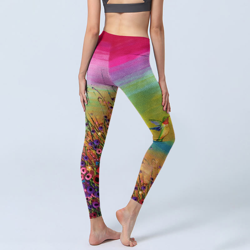 Buddha Stones Blooming Flower Bird Pattern Print Gym Leggings Women's Yoga Pants - image 4