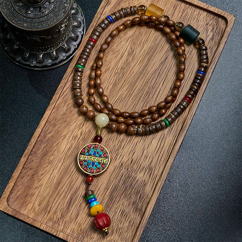 Foviel Tibetisch Handgefertigt Coconut Shell Schima Holz Große helle Mantra Kupfer Perlen Balance Halskette Anhänger