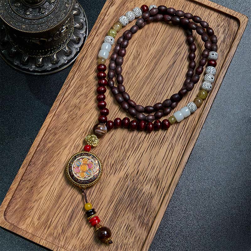 Foviel Tibetan Handmade Wood Beads Om Mani Padme Hum Samantabhadra Bodhisattva Purity Necklace Pendant