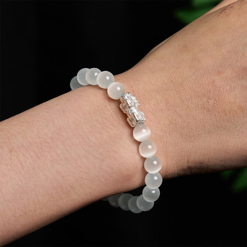 Bracelet Pixiu en argent sterling 990 et perles d'œil de chat naturel Foviel