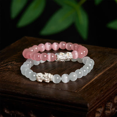 Foviel Natürliche Katze Auge Perlen 990 Sterling Silber Pixiu Positives Armband
