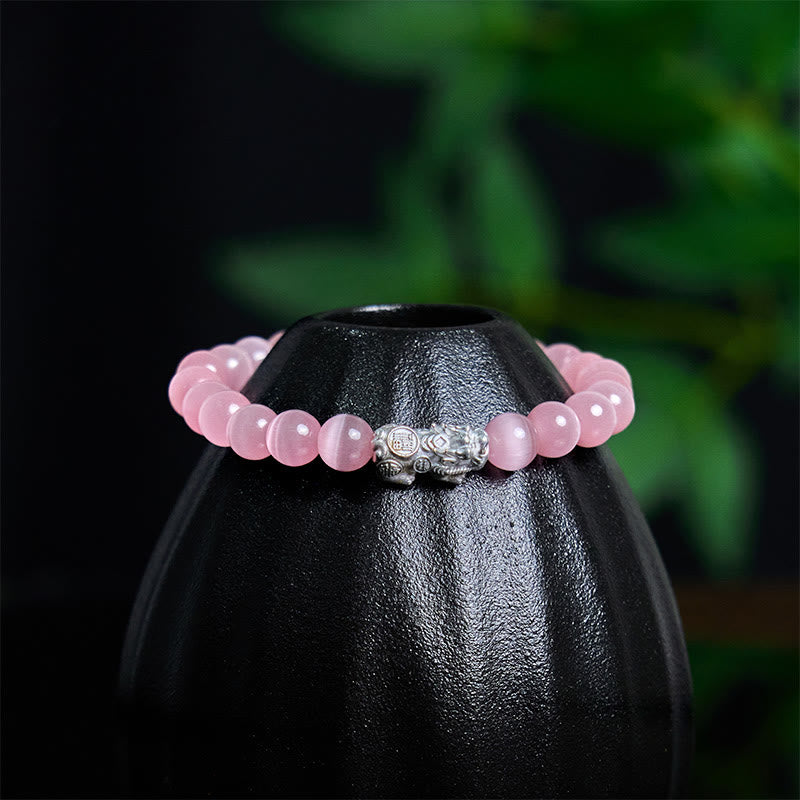 Foviel Natürliche Katze Auge Perlen 990 Sterling Silber Pixiu Positives Armband