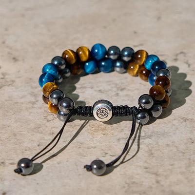 Foviel Natural Blue Tiger Eye Black Magnetite Om Pattern Double Row Beads Strength Bracelet