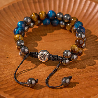 Foviel Natural Blue Tiger Eye Black Magnetite Om Pattern Double Row Beads Strength Bracelet