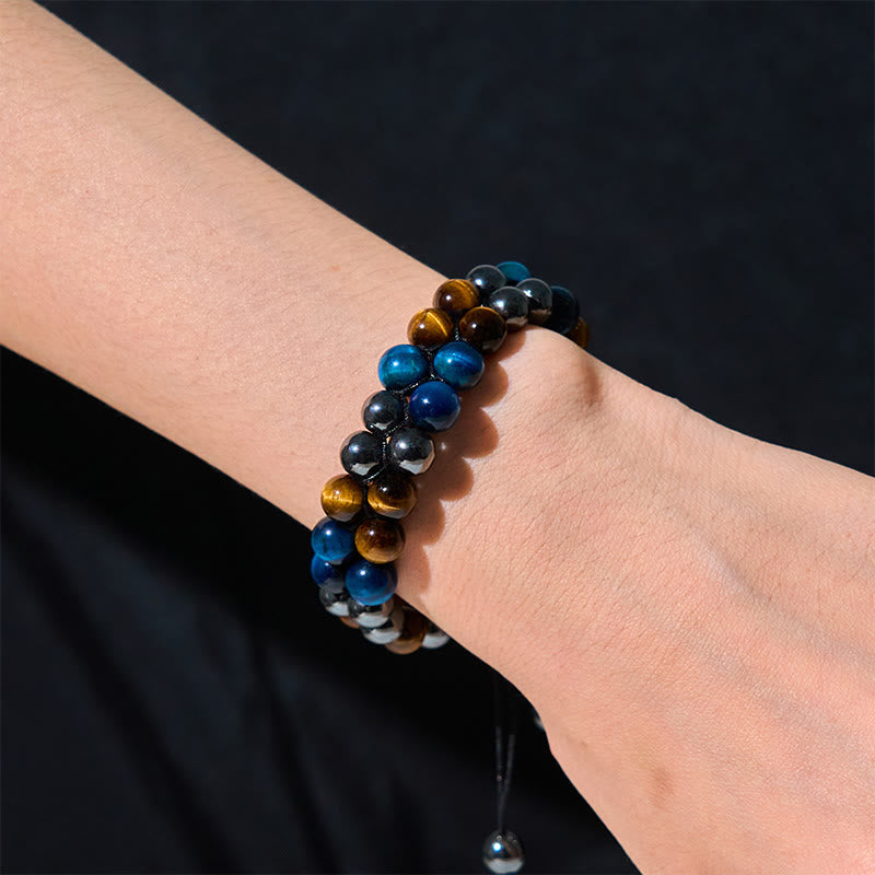 Foviel Natural Blue Tiger Eye Black Magnetite Om Pattern Double Row Beads Strength Bracelet