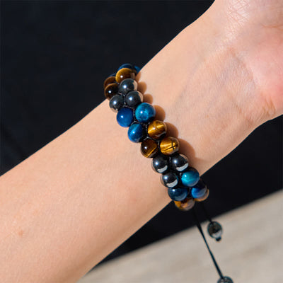 Foviel Natural Blue Tiger Eye Black Magnetite Om Pattern Double Row Beads Strength Bracelet