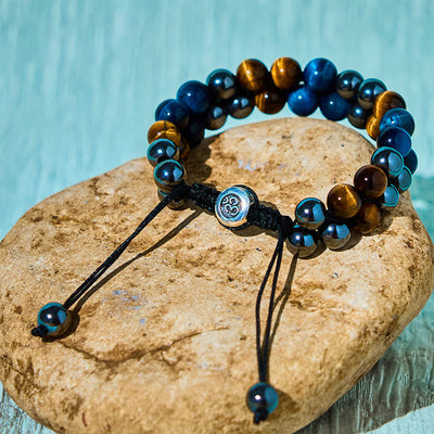 Foviel Natural Blue Tiger Eye Black Magnetite Om Pattern Double Row Beads Strength Bracelet