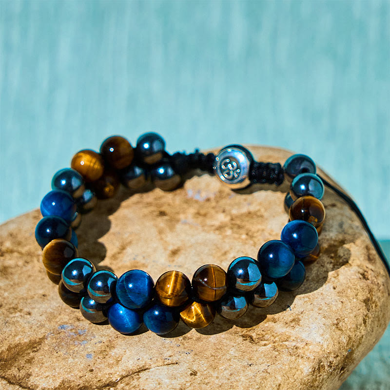 Foviel Natural Blue Tiger Eye Black Magnetite Om Pattern Double Row Beads Strength Bracelet