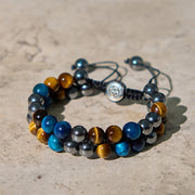 Foviel Natural Blue Tiger Eye Black Magnetite Om Pattern Double Row Beads Strength Bracelet