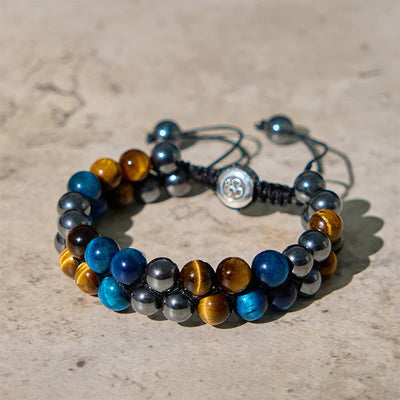 Foviel Natural Blue Tiger Eye Black Magnetite Om Pattern Double Row Beads Strength Bracelet