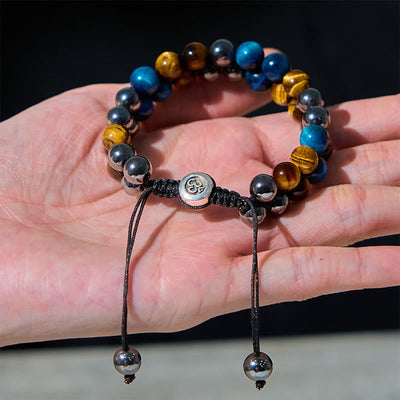 Foviel Natural Blue Tiger Eye Black Magnetite Om Pattern Double Row Beads Strength Bracelet