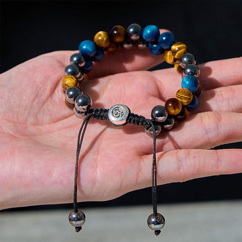 Foviel Natural Blue Tiger Eye Black Magnetite Om Pattern Double Row Beads Strength Bracelet